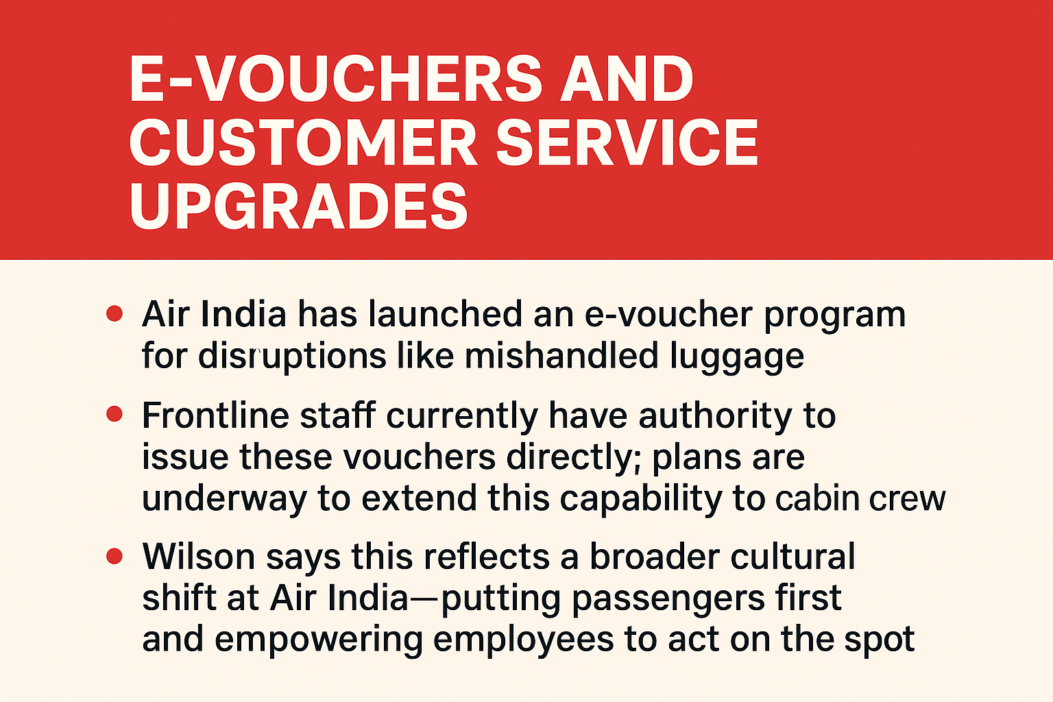Air India e-voucher program empowering staff and cabin crew for real-time passenger service upgrades.